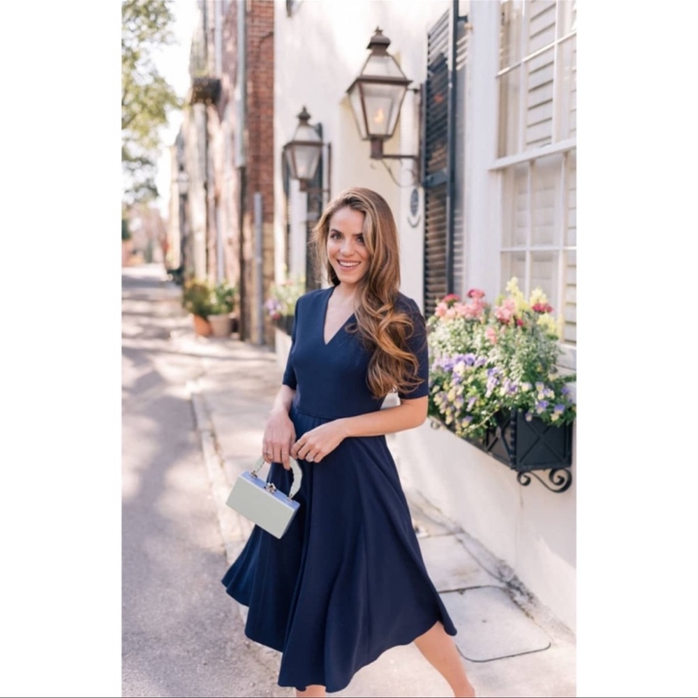 Gal Meets Glam Blue Edith City Crepe Fit & Flare Midi Dress Size 2